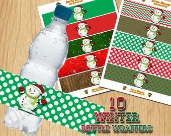 Winter Snowman Water Bottle Labels, Christmas Party Wrappers (PDF Digital File)