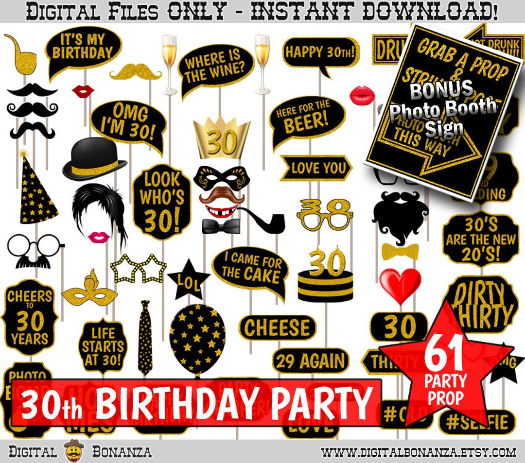 30th Birthday Party Printable Photo Booth Props. Black and Gold Glitter ...