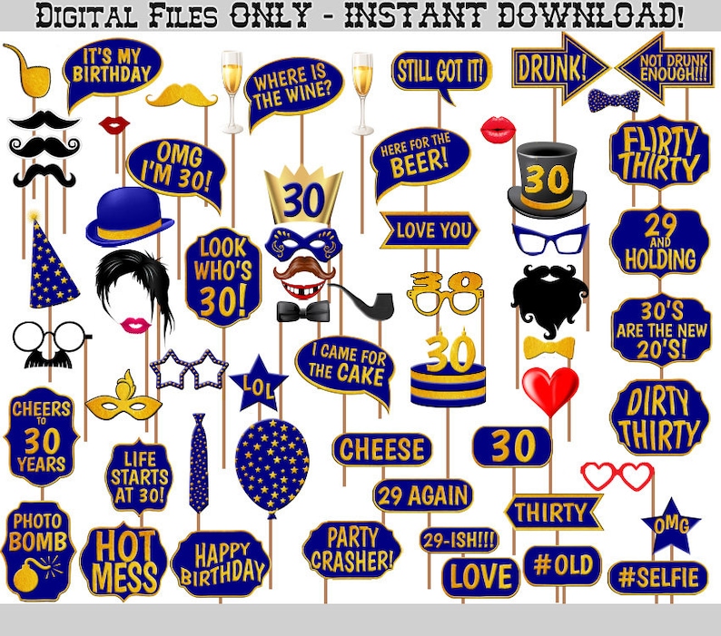 30th Birthday Party Photo Booth Props Navy Blue and Gold Etsy