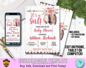 EDITABLE Baby Shower Invitation It's a Girl Floral Baby Girl Printable Boho Baby Shower Pink Watercolor Flowers Instant Access Edit Online