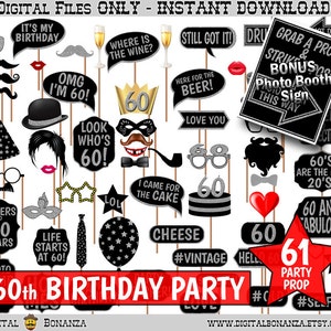 60th Birthday Party Printable Photo Booth Props. Black and Silver Glitter. Photobooth Selfies, Speech, Glasses, Hats, Ties, Lips, Mustaches.