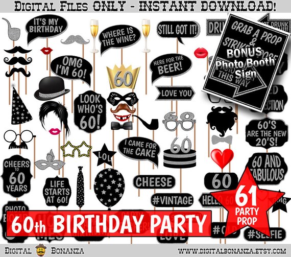 60th Birthday Party Printable Photo Booth Props. Black and Silver Glitter. Photobooth Selfies, Speech, Glasses, Hats, Ties, Lips, Mustaches. Il_570xn