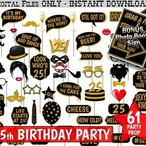 25th Birthday Party Photo Booth Props, Black and Gold Glitter. Printable Photobooth.