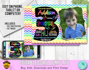 3rd Birthday Invitation Rainbow Chevron. Edit Yourself Online. Third Birthday Party Invite with Photo Printable Digital DIY Corjl