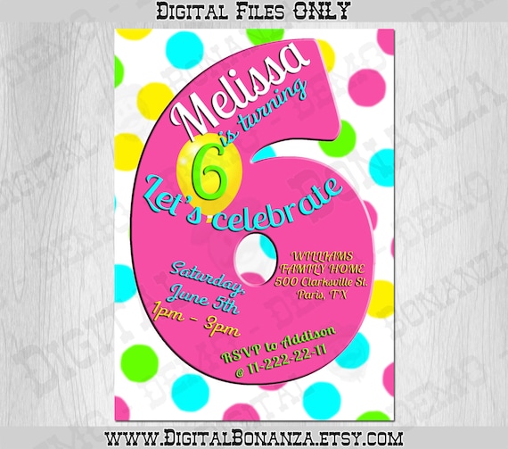 6th Birthday Invitation Pink Rainbow Dots Sixth Birthday Party Invite