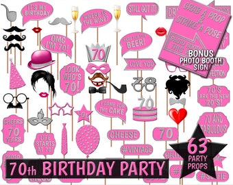 Accessori per photo booth per il 70° compleanno, rosa e argento (download digitale)