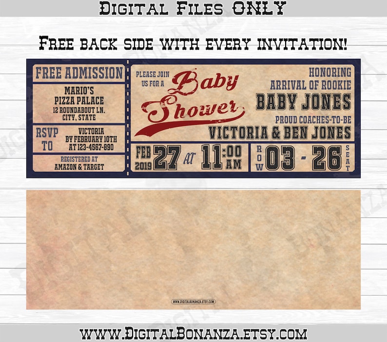 Baseball Baby Shower Invitations, Vintage Baseball Ticket Invitation, Vintage Baby Shower, Digital Files Only Print It Yourself image 4