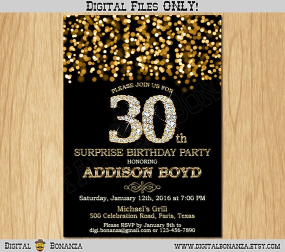 30th Birthday Invitation Gold Glitter Party Invitation Elegant Thirty Invite Black Chalkboard Gold Diamonds Sparkles Posh ABD01-30 Il_570xn