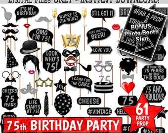 75th Birthday Party Photo Booth Props, Black and Silver Glitter. Printable Photobooth.