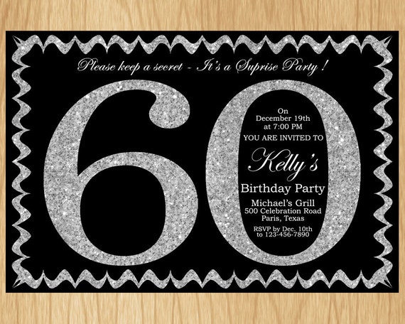 60th Birthday Invitation Silver Glitter Birthday Party Invite Adult Elegant Surprise Birthday Printable Digital ABSG60 Il_570xn