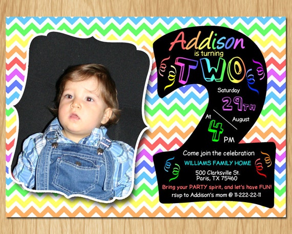 2nd Birthday Invitation Rainbow Chevron Pastel Second Birthday Party Invite Custom Photo Boy or Girl Chalkboard Printable digital DIY KNB013 Il_570xn