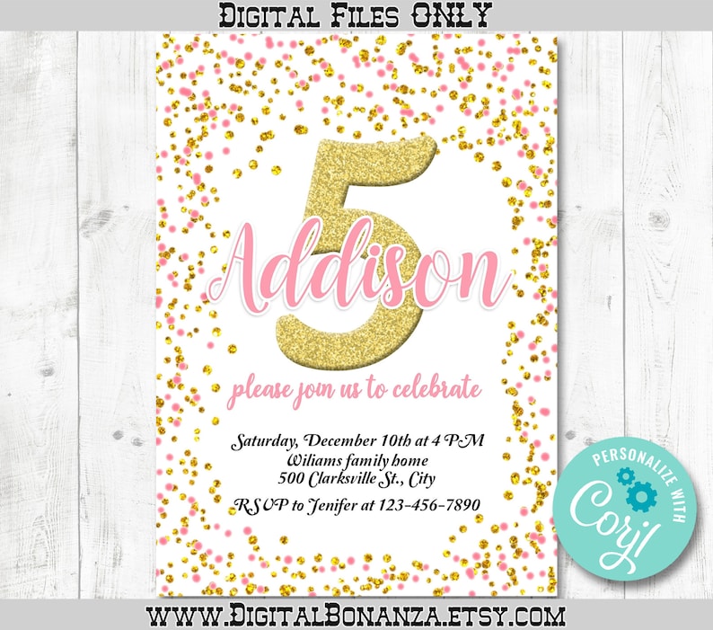 Girl 5th Birthday Invitation Pink and Gold fifth birthday - Etsy France