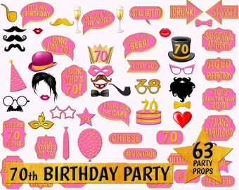 70th Birthday Photo Booth Props, Gold & Pink (Digital Download)