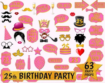 25th Birthday Photo Booth Props, Gold & Pink (Digital Download)