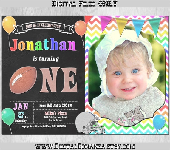 Football Birthday Invitation. Football First Birthday Party Invite. Chalkboard Invitation, Boy or Girl 1st BirthdayWith Photo K0050 Il_570xn