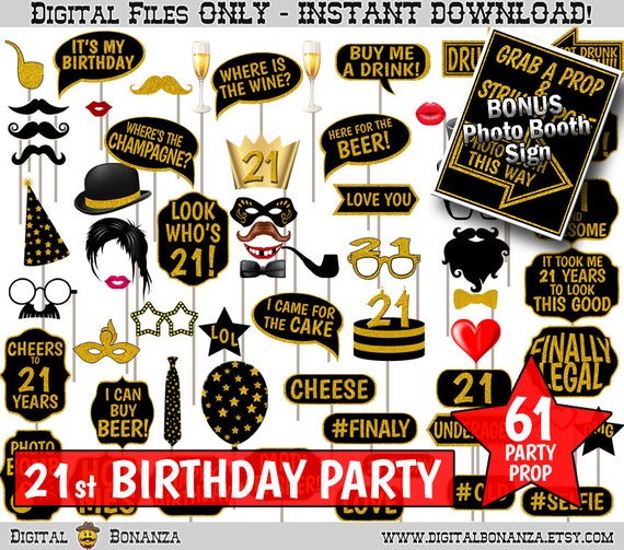 21st Birthday Party Printable Photo Booth Props. Black and Gold Glitter. Photobooth Selfies, Speech, Glasses, Hats, Ties, Lips, Mustaches. Il_570xn