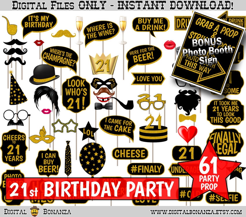 21st Birthday Party Printable Photo Booth Props. Black and - Etsy