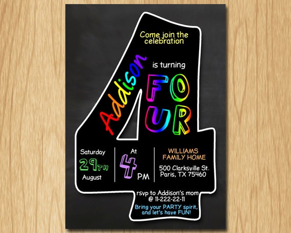 4th birthday invitation chalkboard invite rainbow colors fourth birthday party boy girl birthday DIGITAL FILE ONLY KNB029 Il_570xn