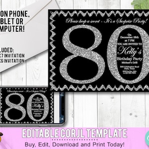 80. Geburtstagseinladung Silber Glitter Party einladen Bearbeiten Sie selbst Online Erwachsene elegant Überraschung Geburtstag druckbare digitale DIY Corjl