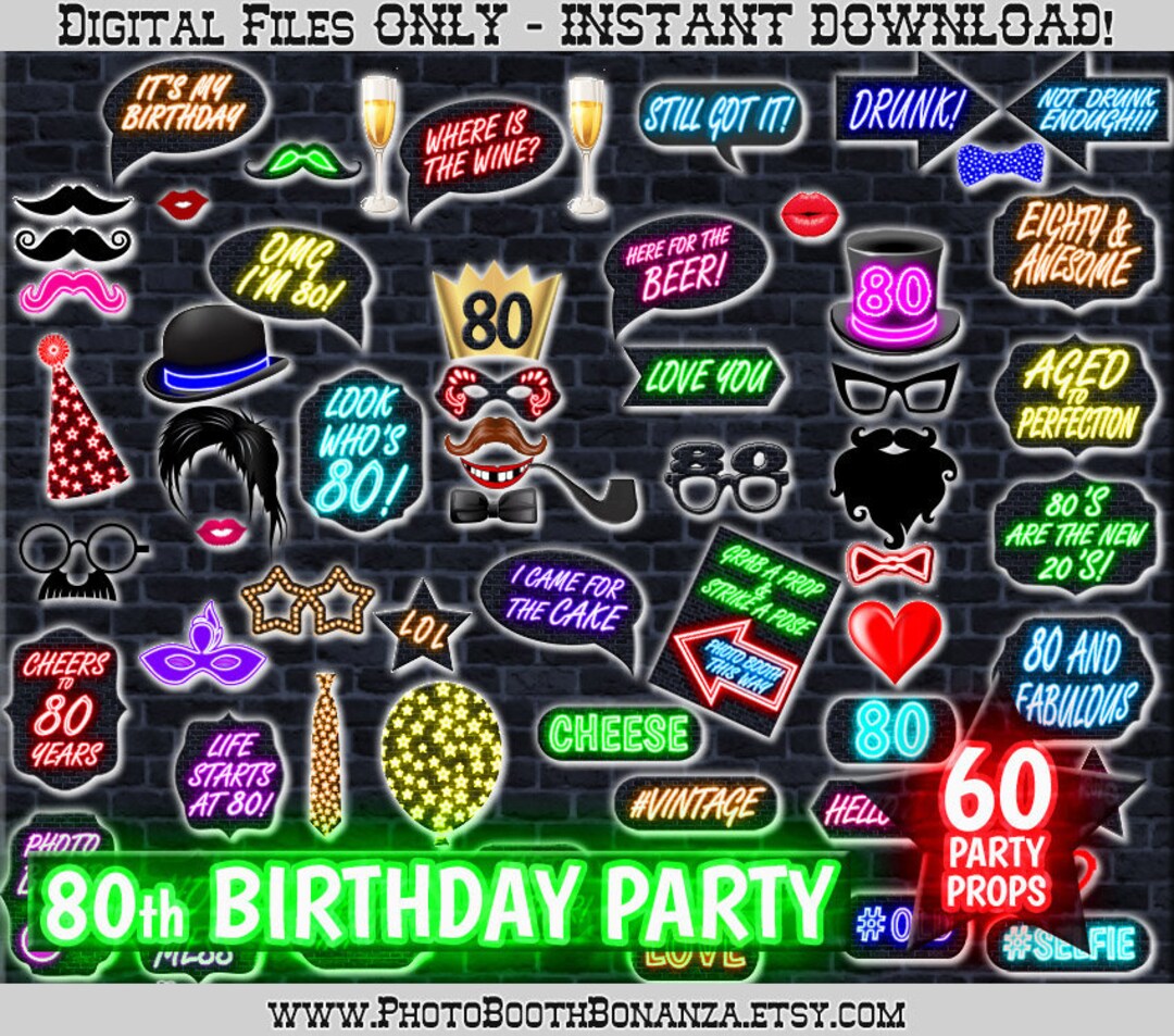 80th Birthday Party Printable Photo Booth Props. Multicolored NEON ...