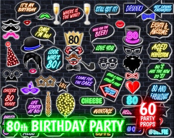 80th Birthday Party Printable Photo Booth Props. Multicolored NEON lights. Photobooth Selfie, Neon Birthday Party, Neon Glow Printable Props