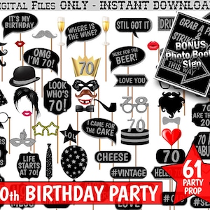 70th Birthday Party Printable Photo Booth Props. Black and Silver Glitter. Photobooth Selfies, Speech, Glasses, Hats, Ties, Lips, Mustaches.