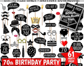 70th Birthday Photo Booth Props, Black and Silver Glitter (Digital Download)