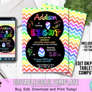 8th Birthday Invitation Rainbow Chevron. Edit Yourself Online. Eight Birthday Party Invite Boy or Girl Printable Digital DIY Corjl