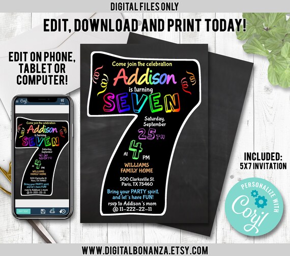 7th Birthday Invitation Chalkboard. Edit Yourself Online. Seventh Birthday Party Invite Boy or Girl Printable Digital DIY Corjl Il_570xn