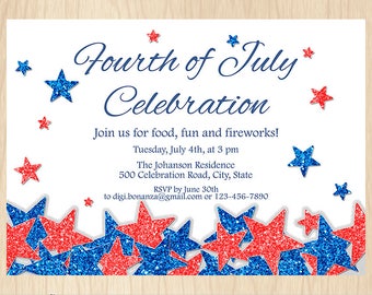 4th of July Independence Day Printable Invitation, Red White and Blue 4th of July Patriotic Party Invite, Stars Stripes, Digital File