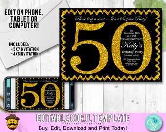 50th Birthday Invitation Gold Glitter Fiftieth Party Invite Edit Yourself Online Adult Elegant Surprise Birthday Printable Digital DIY Corjl