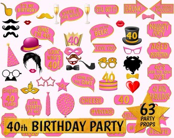 40th Birthday Photo Booth Props, Gold and Pink (Digital Download)