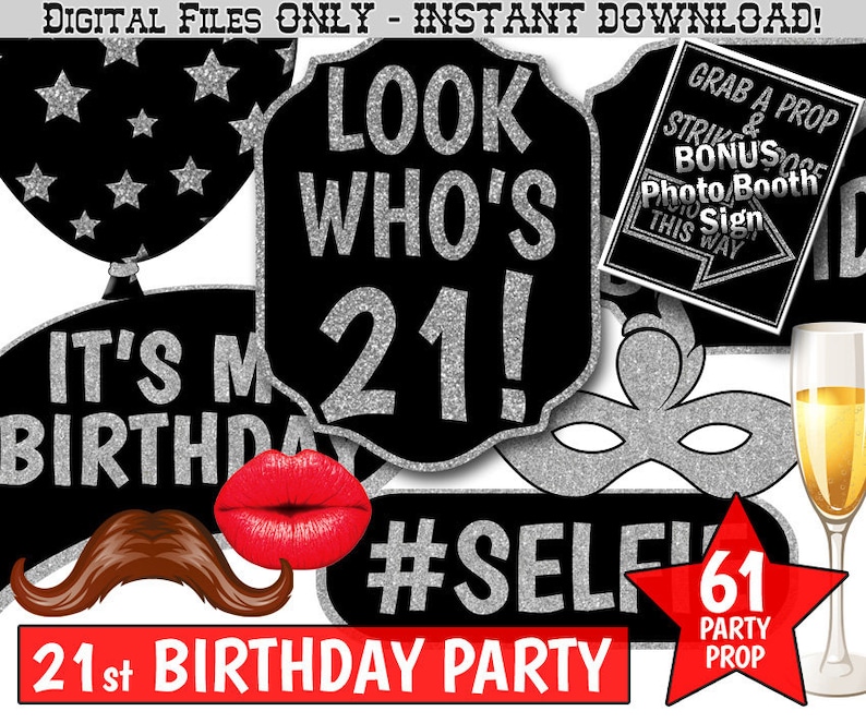 21st Birthday Party Printable Photo Booth Props. Black and | Etsy