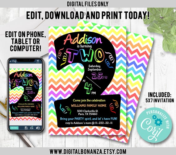 2nd Birthday Invitation Rainbow Chevron. Edit Yourself Online. Second Birthday Party Invite Boy or Girl Printable Digital DIY Corjl Il_570xn