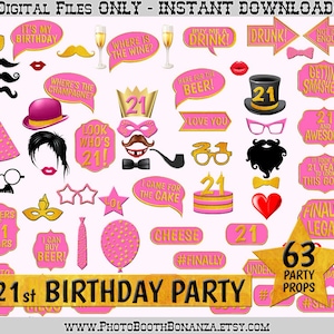 21st Birthday Party Printable Photo Booth Props. Gold Foil and Pink. Photobooth Selfie, Pink Birthday Party, Gold and Pink Printable Props