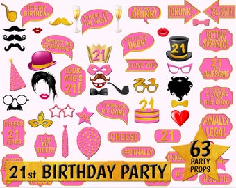 21st Birthday Photo Booth Props, Pink and Gold (Digital Download)