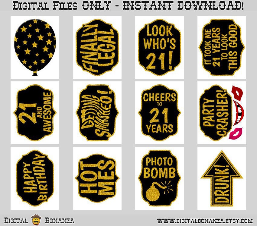 21st Birthday Party Printable Photo Booth Props. Black and - Etsy