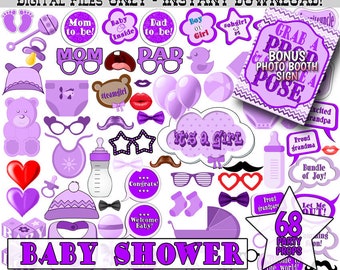 Purple Baby Shower Photo Booth Props, 68 Piece (Digital Download)