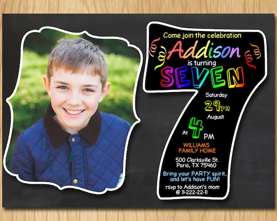 7th birthday invitation chalkboard invite rainbow colors seventh birthday party boy girl birthday with custom photo DIGITAL FILE ONLY KNB036 Il_570xn