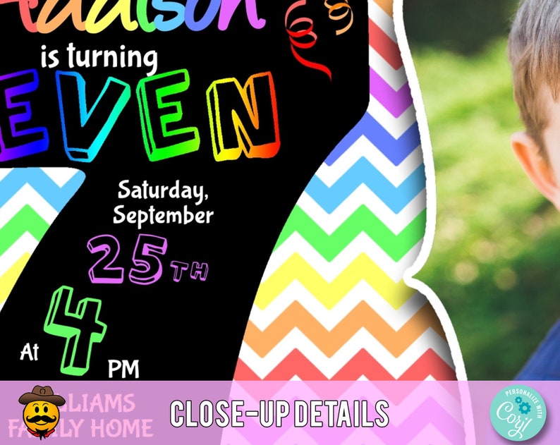 7th Birthday Invitation Rainbow Chevron. Edit Yourself Online. Seventh Birthday Party Invite with Photo Printable Digital DIY Corjl image 7