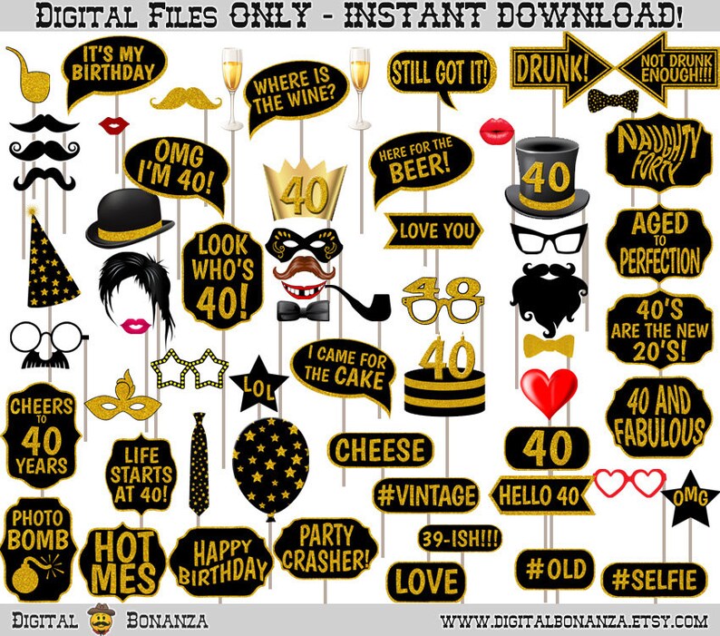 40th Birthday Photo Booth Props Gold Glitter and Black Party Etsy