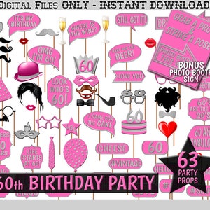 60.Geburtstagsparty druckbare Photobooth Requisiten, Pink und Silber, Photobooth Selfies, Geburtstagsdekoration