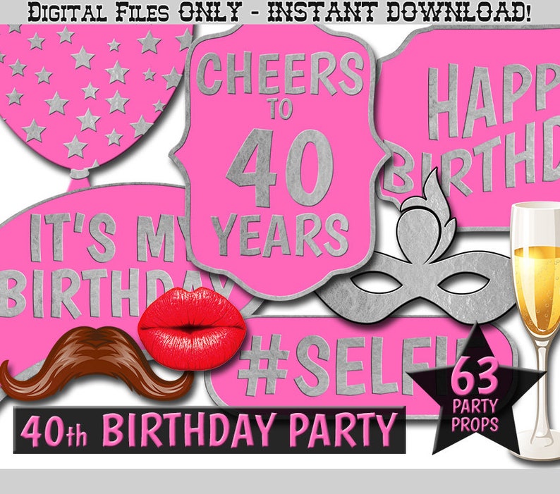 40th Birthday Party Printable Photo Booth Props Hot Pink and | Etsy