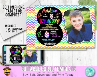 8th Birthday Invitation Rainbow Chevron. Edit Yourself Online. Eight Birthday Party Invite with Photo Printable Digital DIY Corjl