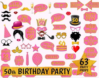 50th Birthday Photo Booth Props, Pink and Gold (Digital Download)