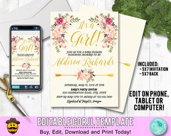 EDITABLE Baby Girl Shower Invitation It's a Girl Floral Baby Shower Printable Gold Boho Baby Blush Pink Baby Shower Pink Watercolor Flowers