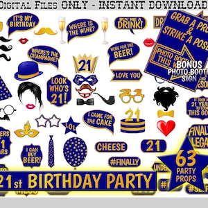 21st Birthday Party Photo Booth Props, Navy Blue and Gold, Printable Photobooth Selfies, Birthday Decoration
