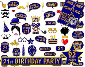 21st Birthday Photo Booth Props, Navy Blue and Gold (Digital Download)