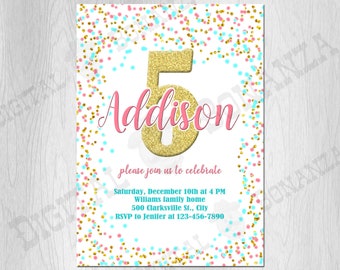 5th Birthday Invitation Fifth Birthday Party Gold Confetti Rainbow Girl birthday invitations Pink Teal Glitter Printable Any Age Blush Pink