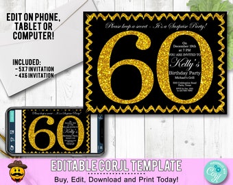 60th Birthday Invitation Gold Glitter Birthday Party Invite Edit Yourself Online Adult Elegant Surprise Birthday Printable Digital DIY Corjl